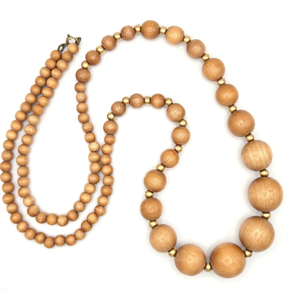 Vintage 1970s Chunky Graduated Natural Wood Bead Necklace Gold Tone Spacers Boho